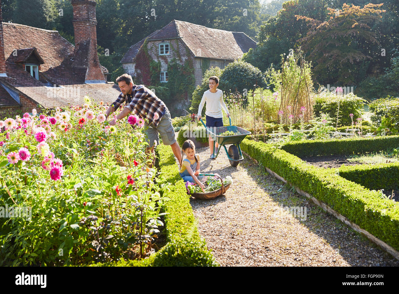 Familie Gartenarbeit im sonnigen Blumengarten Stockfoto