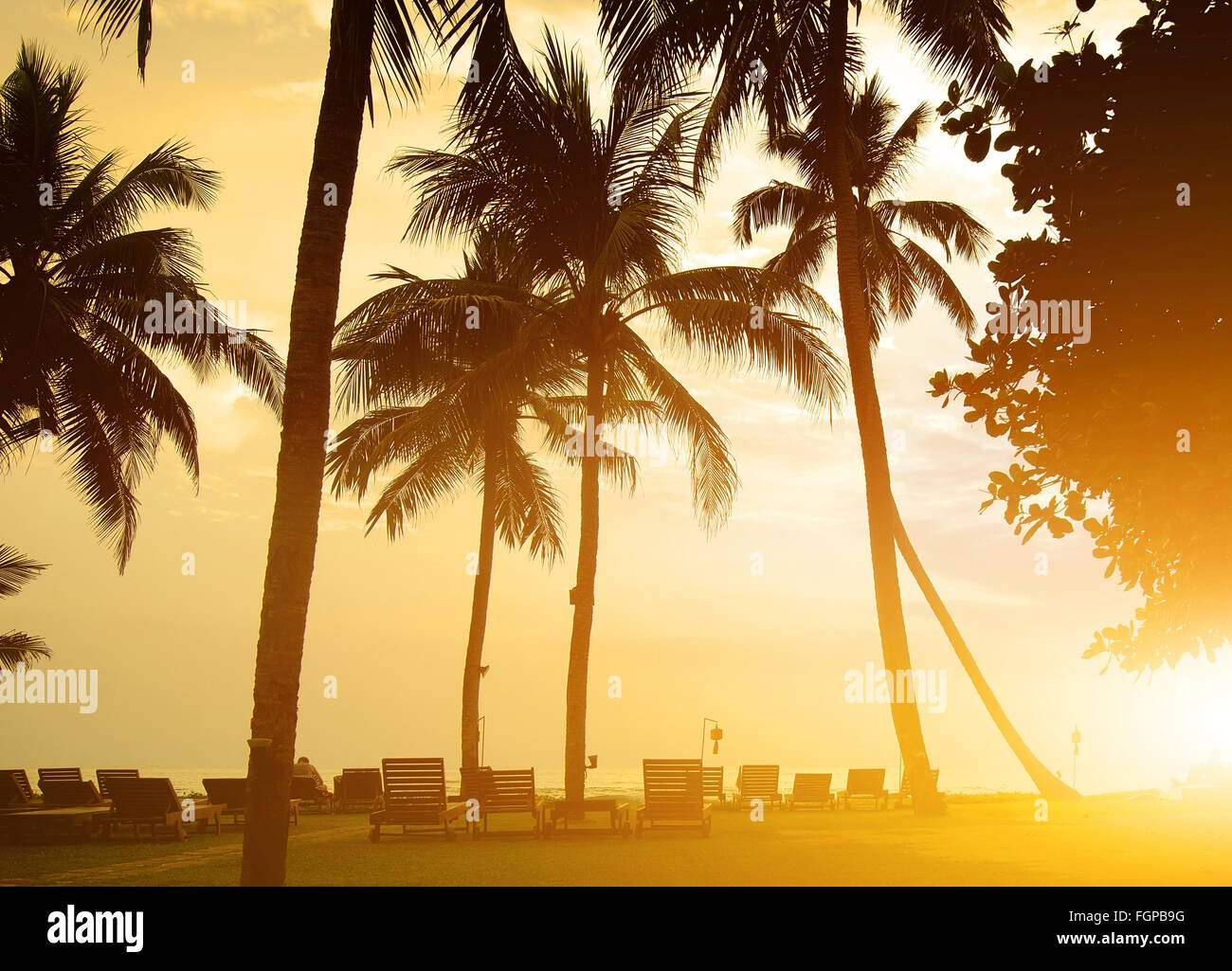 Chaise-Longues auf einem Strand des Indischen Ozeans, Sri Lanka Stockfoto