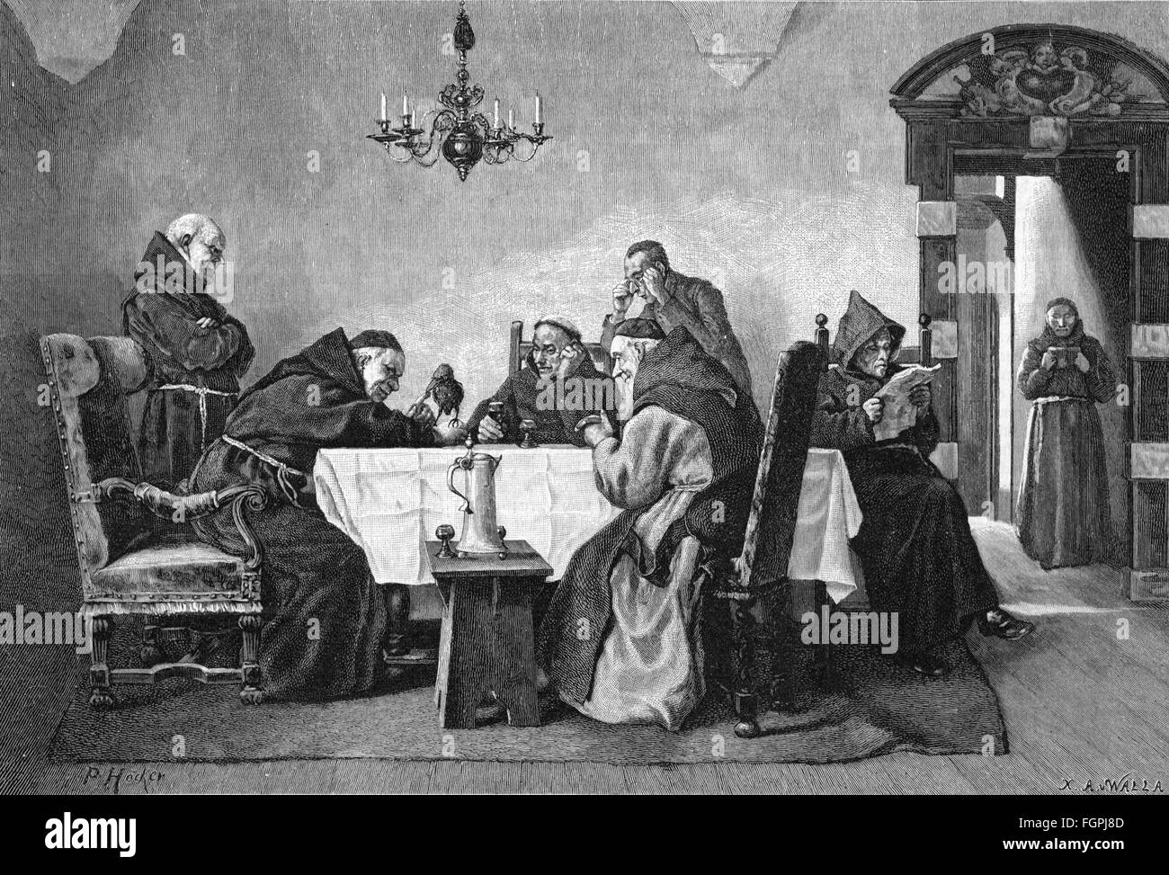 Religion, Kleriker, Mönch, ein Raven im Kloster, Holzstich nach Gemälde von Paul Hoecker, 19