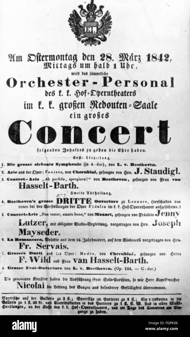 Musik, Konzert, Wiener Philharmoniker, Plakat mit Ankündigung des ersten Konzertes, großer Ballsaal, Wien, 28.3.1842, Zusatz-Rechte-Clearenzen-nicht vorhanden Stockfoto