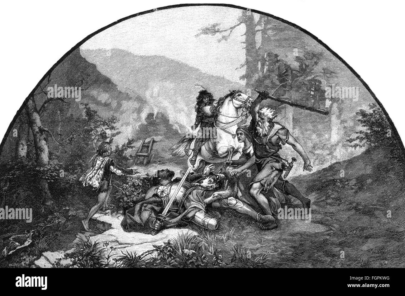 Justiz, Schwerverbrechen, Entführung, Entführung der sächsischen Fürsten 1455, Kidnapper Kunz von Kaufungen von einem Kohlebrenner angegriffen, 9.7.1455, Holzstich, 19. Jahrhundert, Zusatzrechte-Freisetzungen-nicht vorhanden Stockfoto