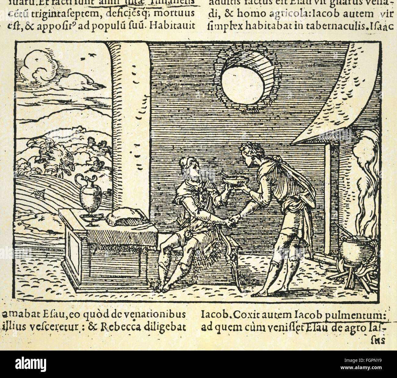 Religion, biblische Szenen, Esau verkauft sein Geburtsrecht, 'Biblia Sacra', gedruckt von Jean de Tournes, Lyon, 1558, Privatsammlung, , zusätzliche-Rechte-Clearences-nicht verfügbar Stockfoto