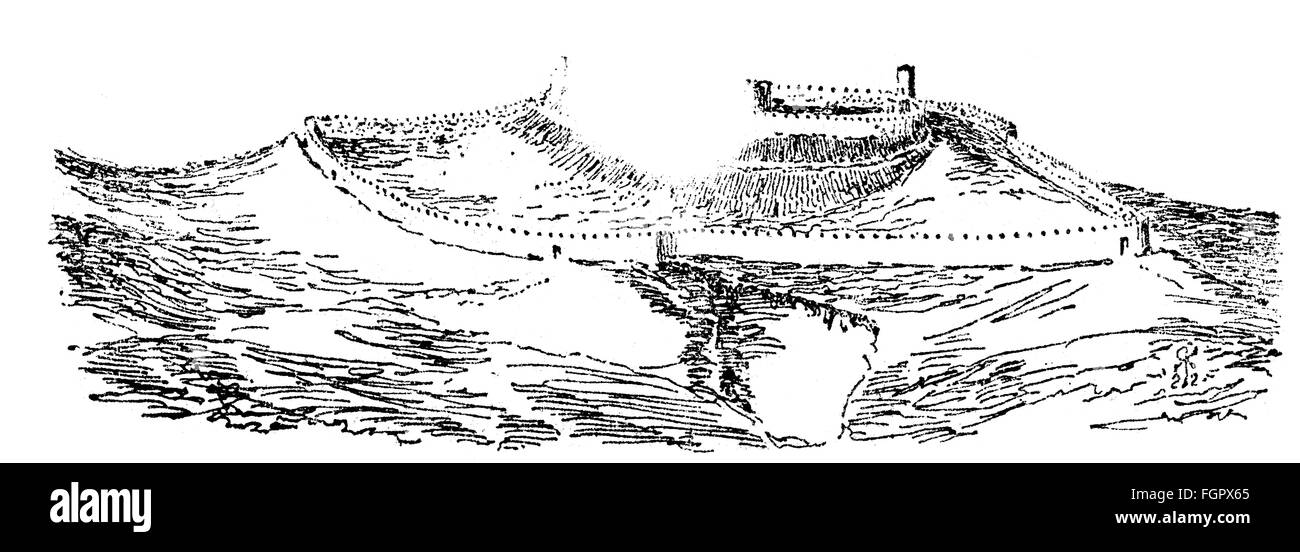 Mittelalter, Burgen, Slawische Burg Rethra, Mecklenburg, zerstört 1068/1069, Zeichnung, Rekonstruktion von Robert Koldewey nach Ausgrabungen auf dem Feldberg, 1922, Archäologie, Slawen, Slawen, Berg, Berg, Deutschland, Mecklenburg-Vorpommern, Mecklenburg-Vorpommern, Mecklenburg-Vorpommern, Mecklenburg-Vorpommern, Mecklenburg-Vorpommern, Mecklenburg-Vorpommern, Mecklenburg Vorpommern,  . Jahrhundert 20. Jahrhundert, historisch, historisch, 1920er Jahre, Mittelalter, Zusatzrechte-Clearences-nicht vorhanden Stockfoto