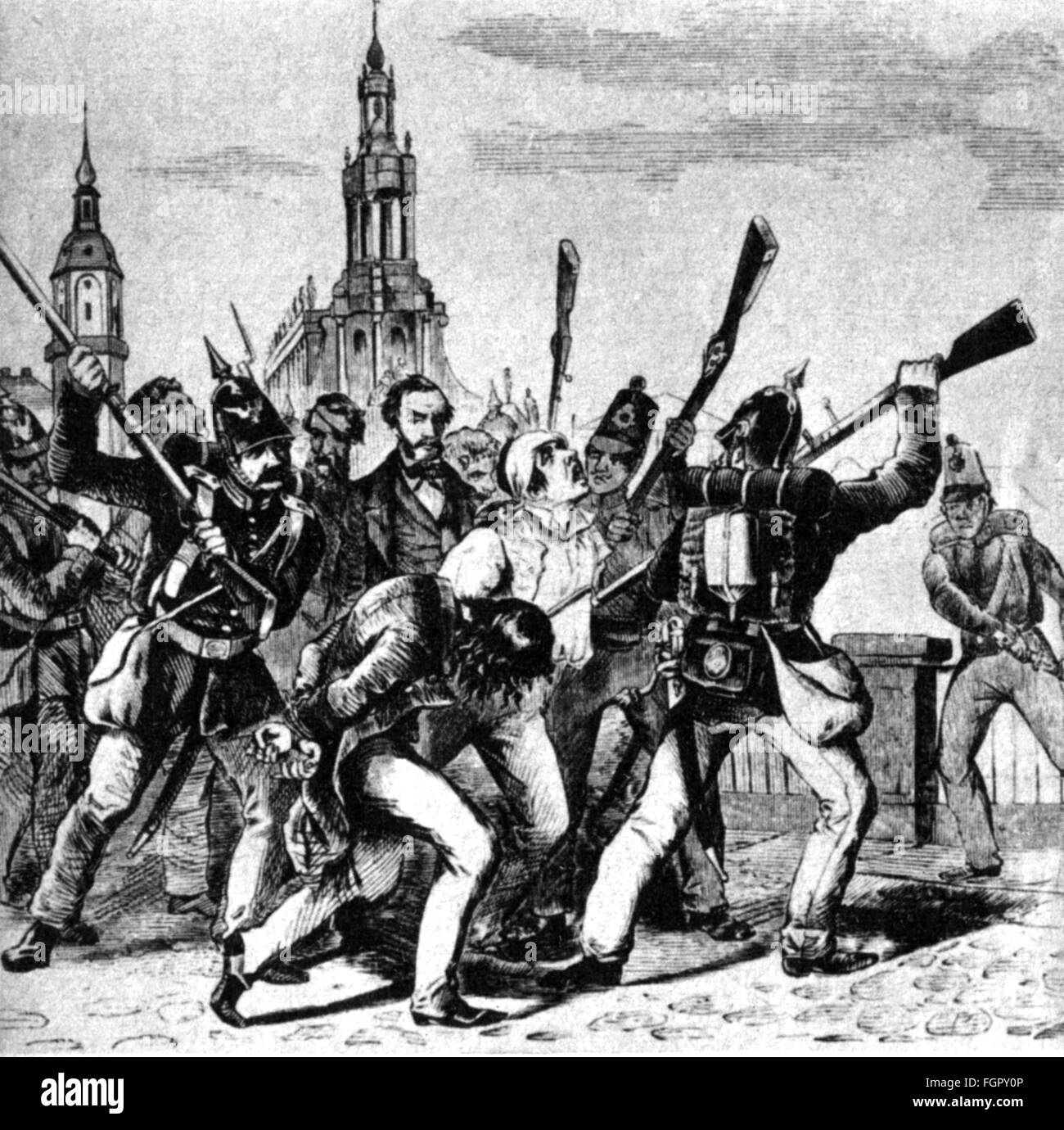 Revolution 1848 - 1849, Deutschland, Dresden Mai-Aufstand, 3.- 9.5.1849, preußische Soldaten mit verhafteten Aufständischen, Holzstich, 19. Jahrhundert, Militär, Preußen, Dresden, Königreich Sachsen, Mai-Revolution, Aufstand, Aufstände, Mai, historisch, historisch, Aufständisch, Rebellen, Rebellen, Revolter, Revolter, Menschen, Zusatzrechte-Clearenzen-nicht vorhanden Stockfoto