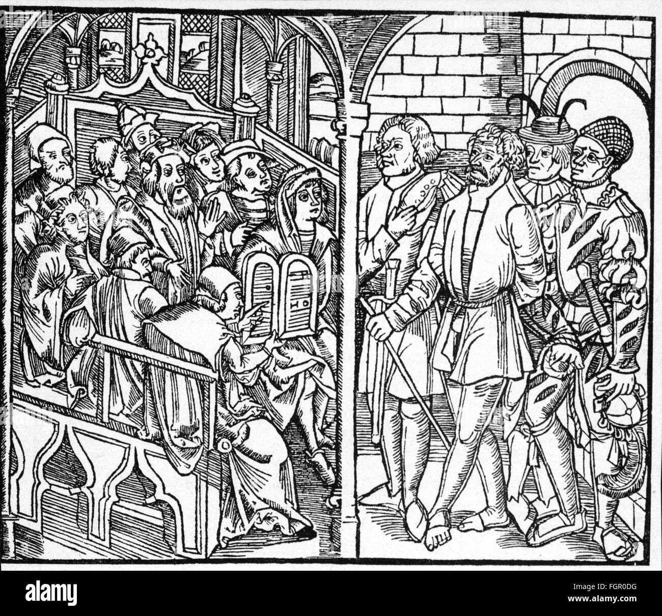 Justiz, Gerichtsszenen, Urteil, Holzschnitt, aus: Johann von Schwarzenberg (1463 - 1528), 'Bambergische Peinliche Halsgerichtordnung', Mainz, 1508, Additional-Rights-Clearences-not available Stockfoto