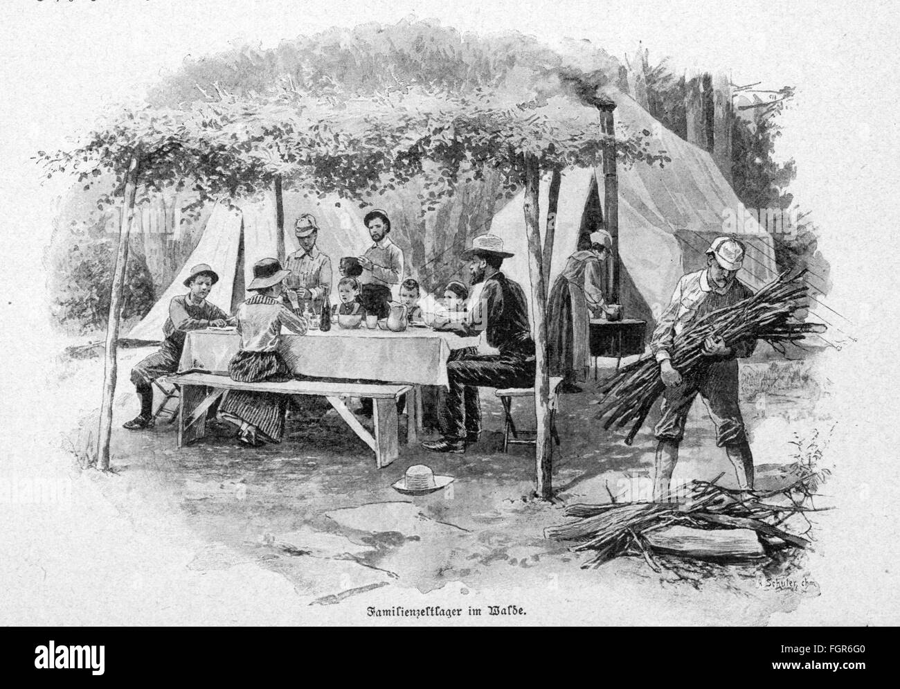 Tourismus, Familie im Zeltlager im Wald, Lithographie, von A.Schuler, um 1900, Zusatz-Rechte-Clearences-nicht vorhanden Stockfoto