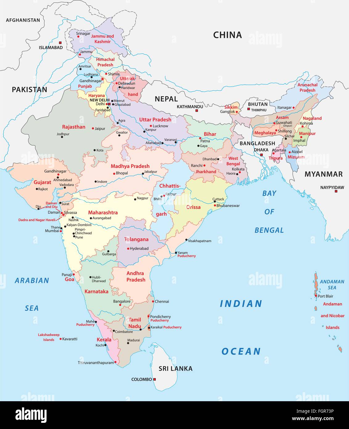 Verwaltungskarte von Indien 2015 einschließlich Telangana Stock Vektor