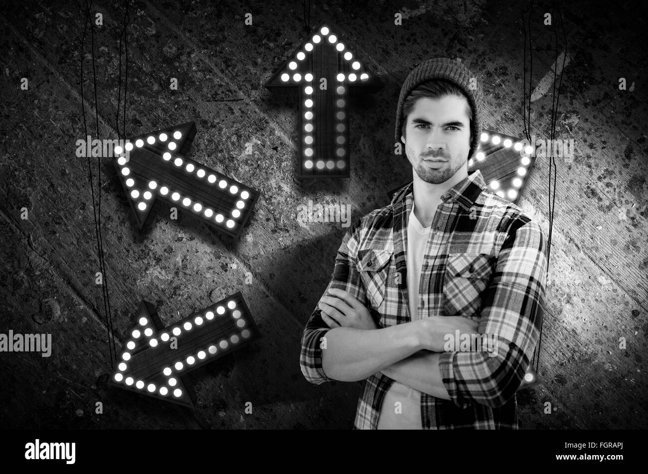 Zusammengesetztes Bild Porträt zuversichtlich Hipster mit verschränkten Armen Stockfoto