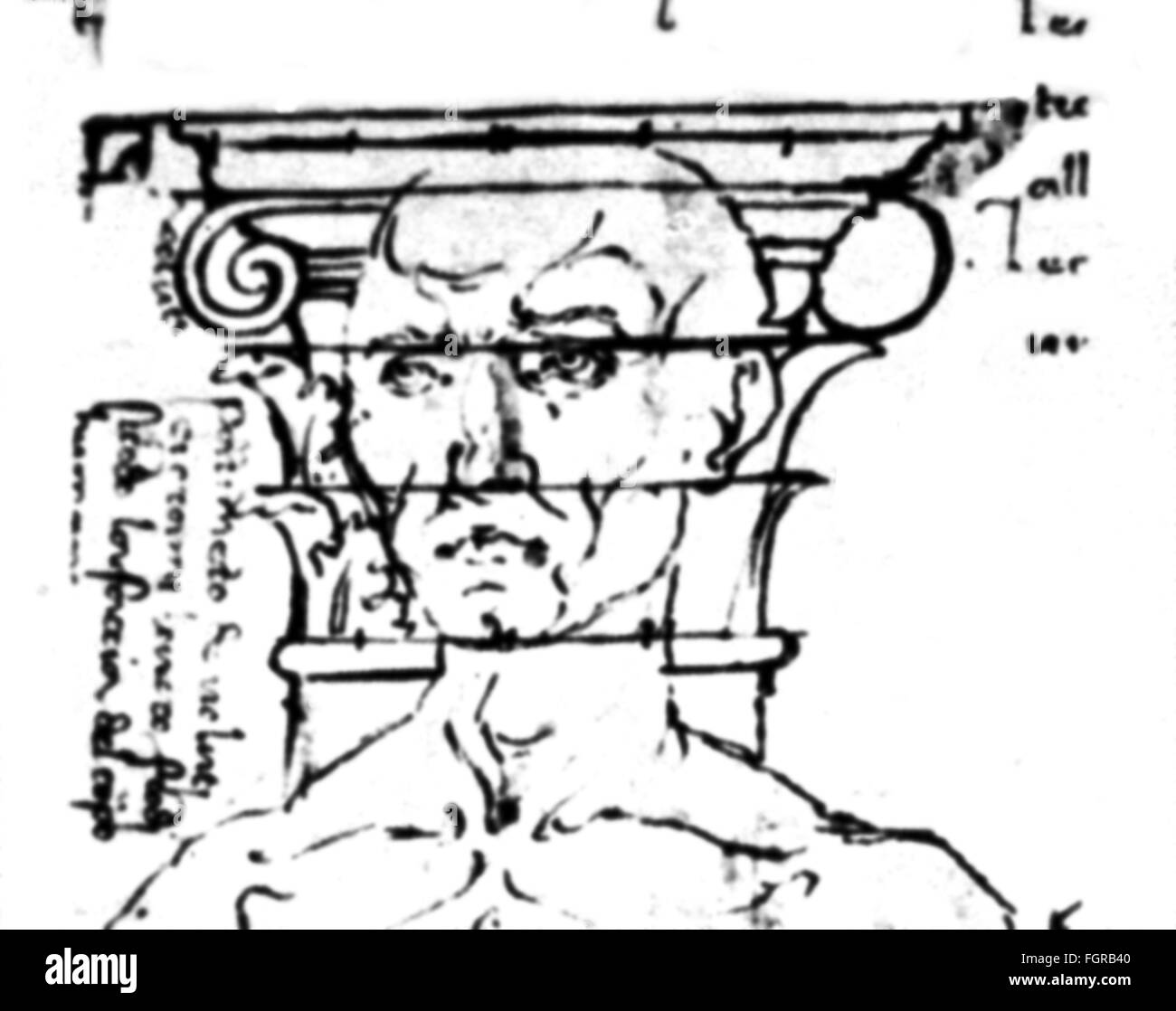 Bildende Kunst, Renaissance, Zeichnung, Proportionen einer Hauptstadt und des menschlichen Gesichts, 16. Jahrhundert, aus: 'Wissenschaft und Fortschritt', Heft 39, Berlin, 1989, Additional-Rights-Clearences-not available Stockfoto