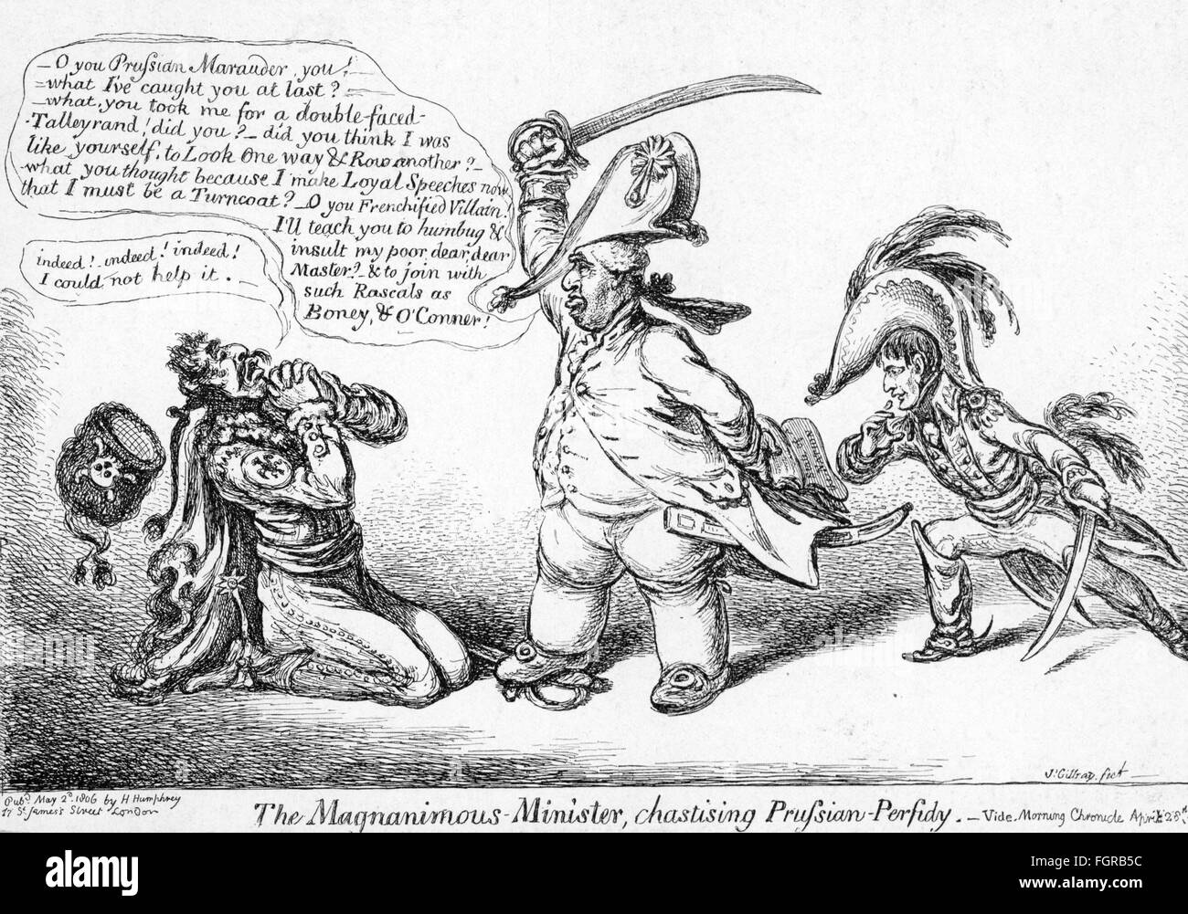 Politik,Verträge,Vertrag von Paris,15.2.1806,Karikatur,der britische Außenminister Charles James Fox beleidigt König Friedrich Wilhelm III wegen seiner Zusammenarbeit mit Kaiser Napoleon I.,Zeichnung von James Gillray,2.5.1806,Bonaparte,Haus von Hohenzollern,Napoleonische Kriege,Großbritannien,Frankreich,Königreich Preußen,Satire,Außenpolitik,Außenpolitik,Menschen,Männer,Mann,männlich,19. Jahrhundert,Innenpolitik,Außenminister,Außenminister,Vertragsstaatenbeleidigung,Vertrag-Vertrag,keine Stockfoto