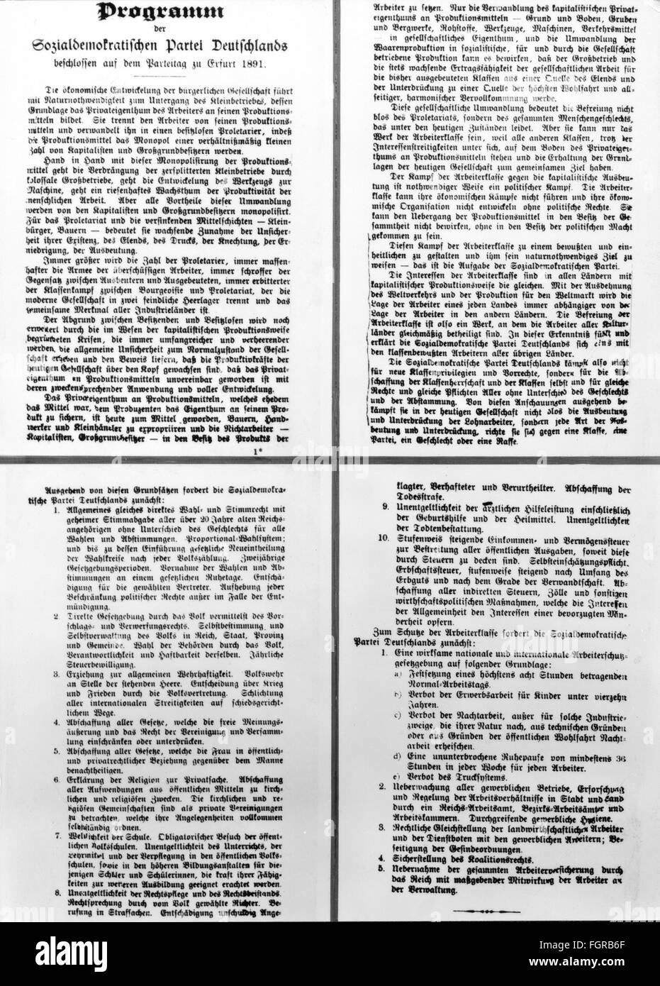 Politik, Partei, SPD, Dokumente, Erfurter Programm, 20.10.1891, Zusatzrechte-Clearences-nicht vorhanden Stockfoto