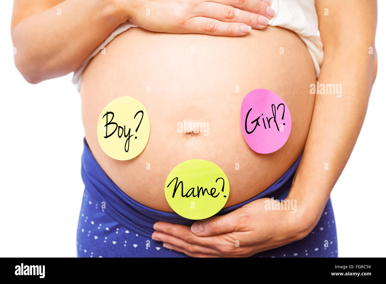 Zusammengesetztes Bild der schwangeren Frau mit Aufklebern auf Stoß Stockfoto