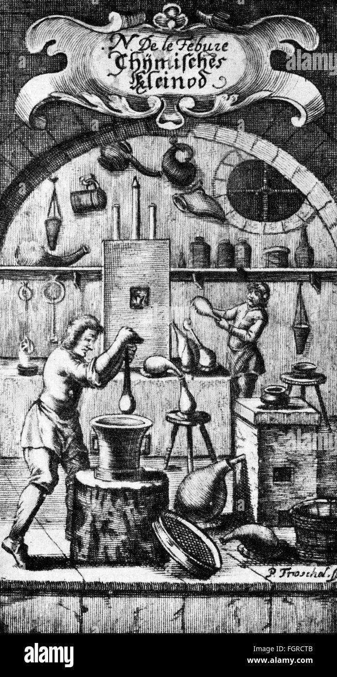 Medizin, Pharmazie, chemische-pharmazeutische Labor, Kupferstich von Peter Troschel (ca. 1620 - nach 1667), Titel, Aus: Nicolas Lefebre, "Chymisches gueldenes Kleinod", Nürnberg, 1672, Artist's Urheberrecht nicht gelöscht werden Stockfoto