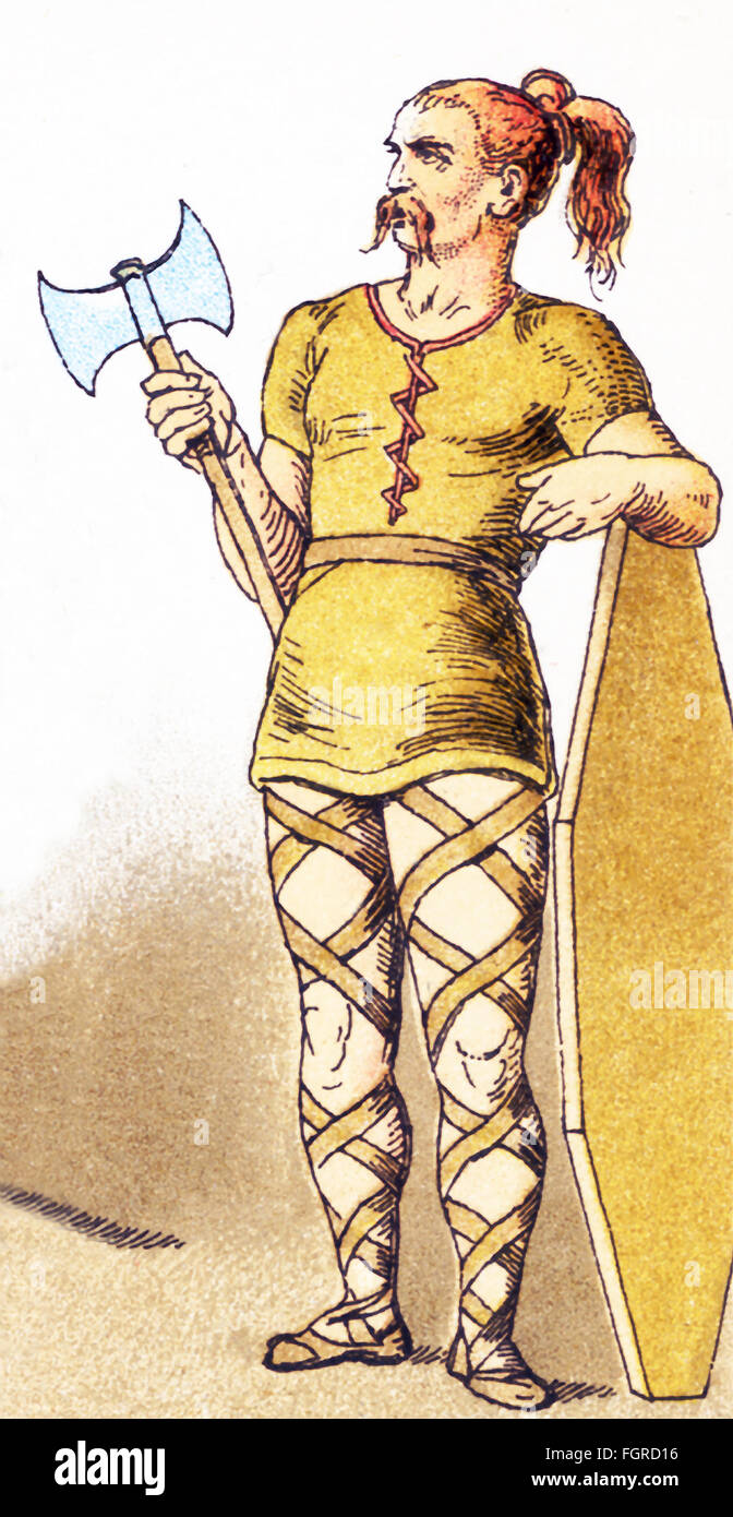 Die hier abgebildete Figur ist ein bewaffneter fränkische Krieger zwischen den Jahren 400 bis 600 n. Chr.. Franken waren Mitglieder der germanischen Nation oder der Koalition, die Gallien (heute Frankreich) im 6. Jahrhundert erobert. Stockfoto