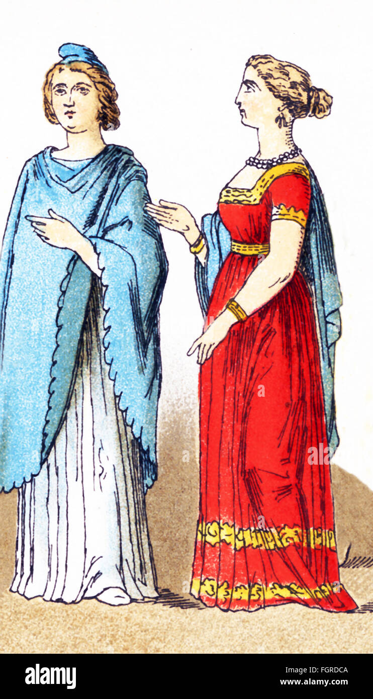 Die beiden Figuren, die hier abgebildet sind fränkische Frauen Rang aus den Jahren 400 bis 600 n. Chr.. Franken waren Mitglieder der germanischen Nation oder der Koalition, die Gallien (heute Frankreich) im 6. Jahrhundert erobert. Stockfoto