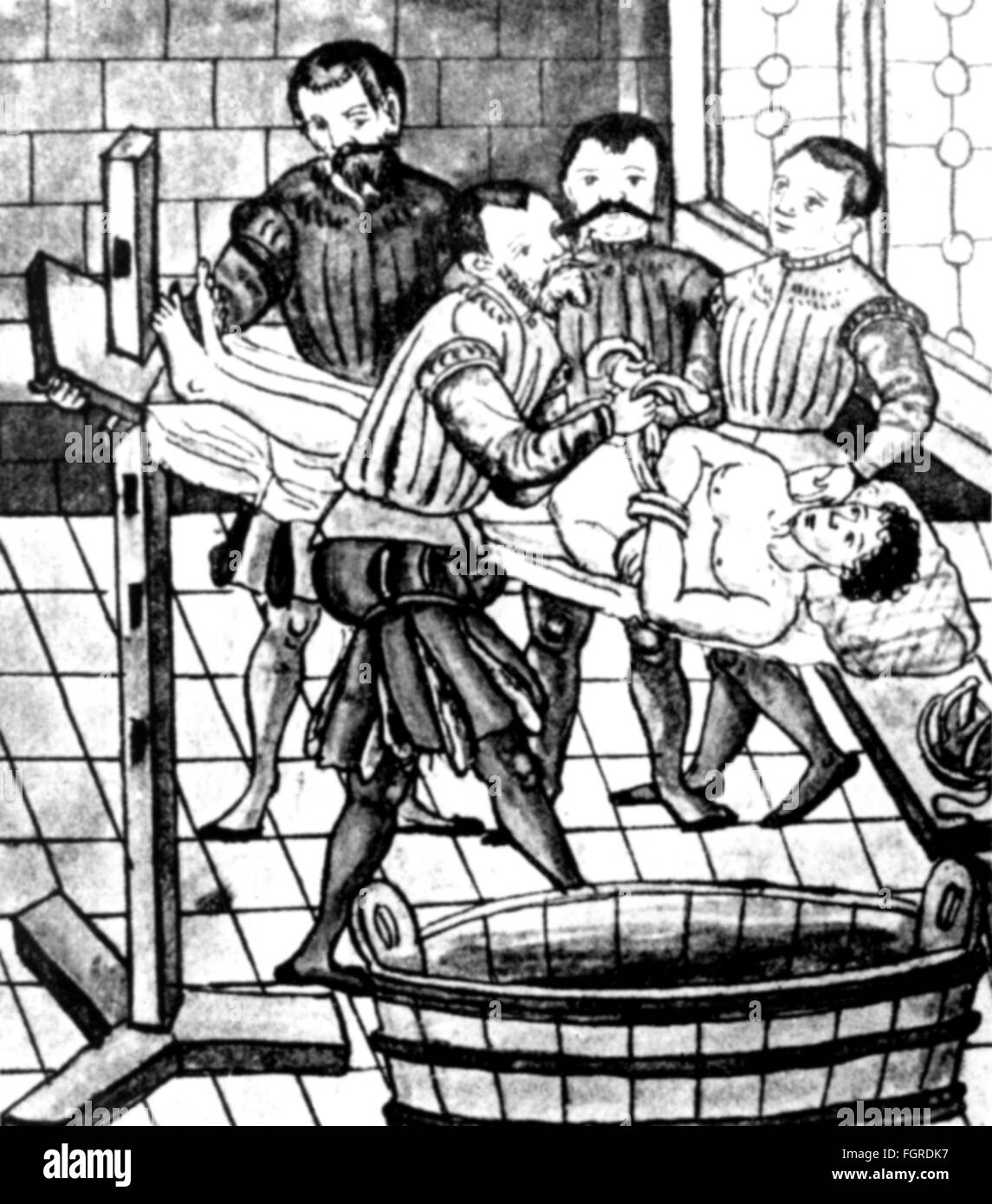 Medizin, Chirurgie, Hernie, Bettung und Bindung des Patienten, aus: Caspar Stromayr (+ 1566 / 1567), 'Practica copiosa', Lindau, 1559, Additional-Rights-Clearences-not available Stockfoto