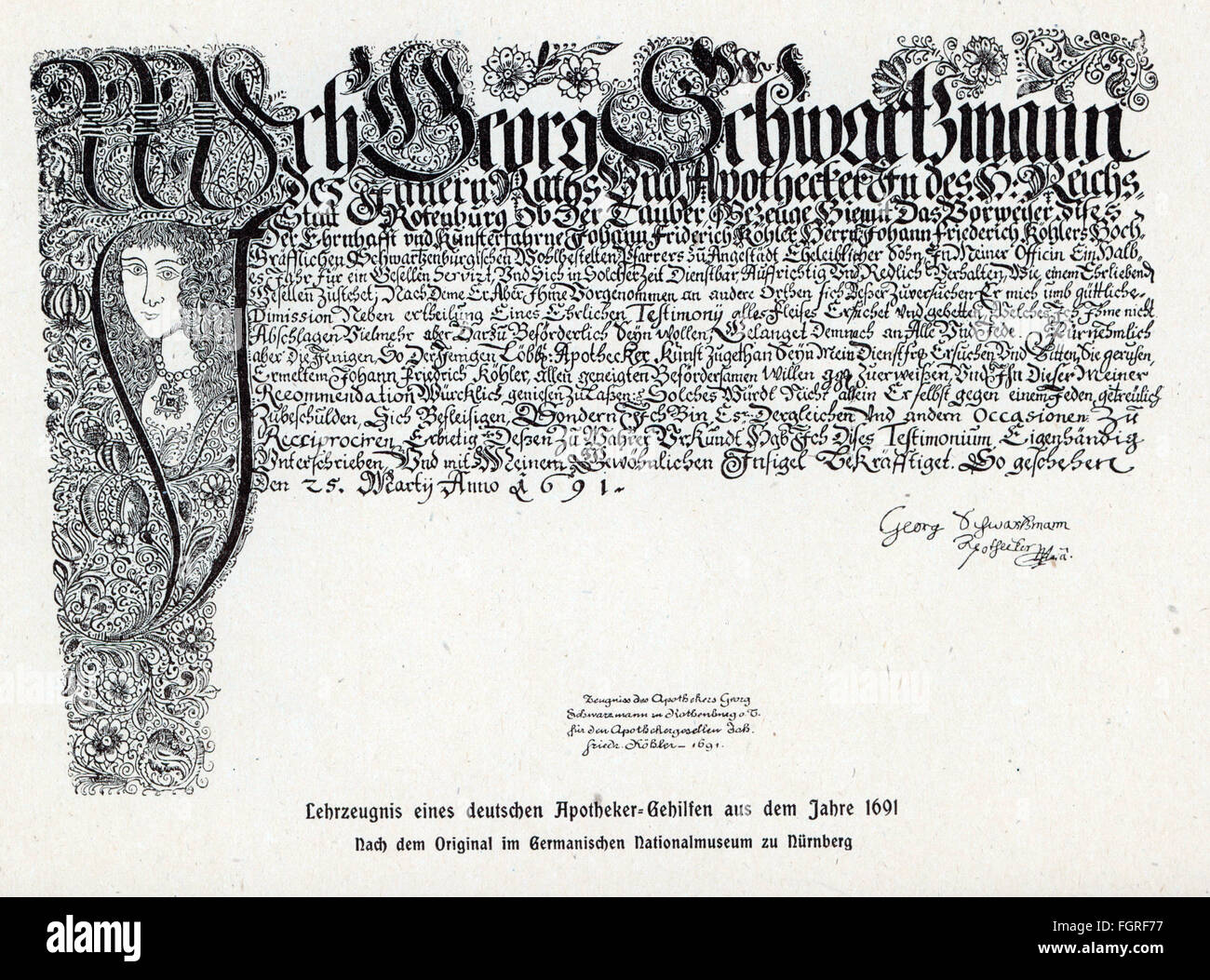 Pädagogik, Lehrunterlagen / Lehrzeugnisse / Zeugnisse, Lehrzeugnis für die Apothekenhilfe Johann Friedrich Köhler, ausgestellt von Apotheker Georg Schwartzmann, Rotenburg ob der Tauber, 25.3.1691, Zusatz-Rechte-Clearenzen-nicht vorhanden Stockfoto