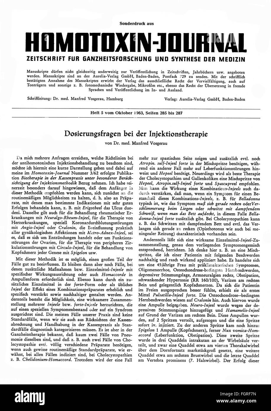 Presse / Medien, Zeitschriften, 'Homotoxin-Journal', Sonderausgabe aus Heft 5, Titelseite, Baden-Baden, Oktober 1963, Zusatzrechte-Clearenzen-nicht verfügbar Stockfoto