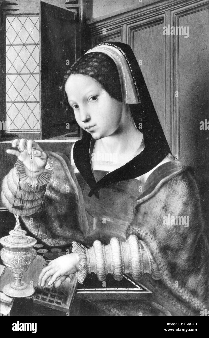 Bildende Kunst, Hemessen, Jan van (1500 - vor 1566), Gemälde, 'Frau mit Goldwägen', um 1530, Öl auf Eiche, 44 x 31 cm, Staatliche Museen, Berlin, zusätzliche-Rechte-Clearenzen-nicht vorhanden Stockfoto