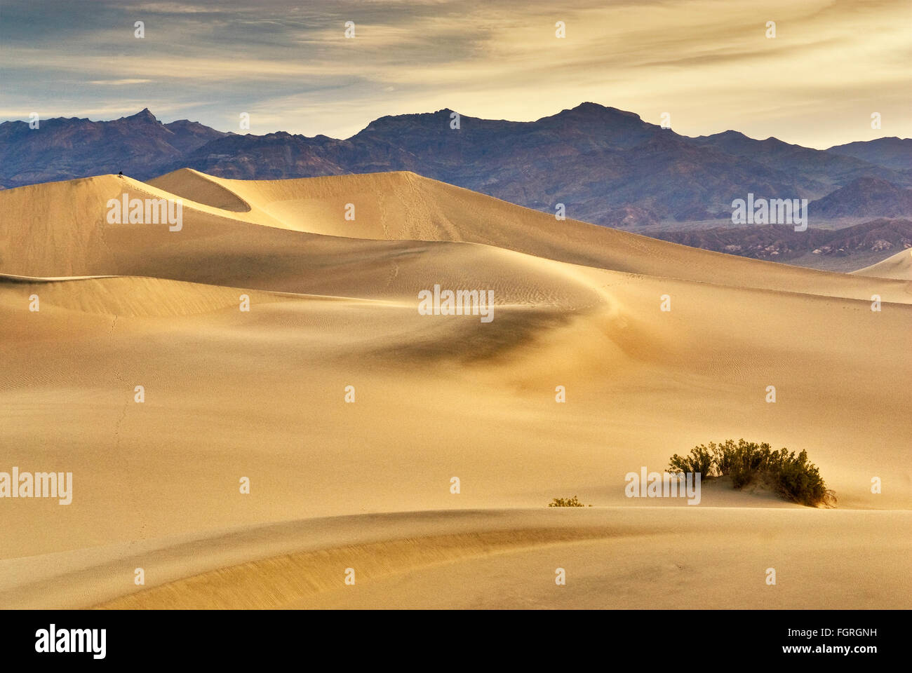 Flache Mesquite Sand Dunes und Amargosa Strecke im Abstand bei Sonnenaufgang in Death Valley Nationalpark, Kalifornien, USA Stockfoto