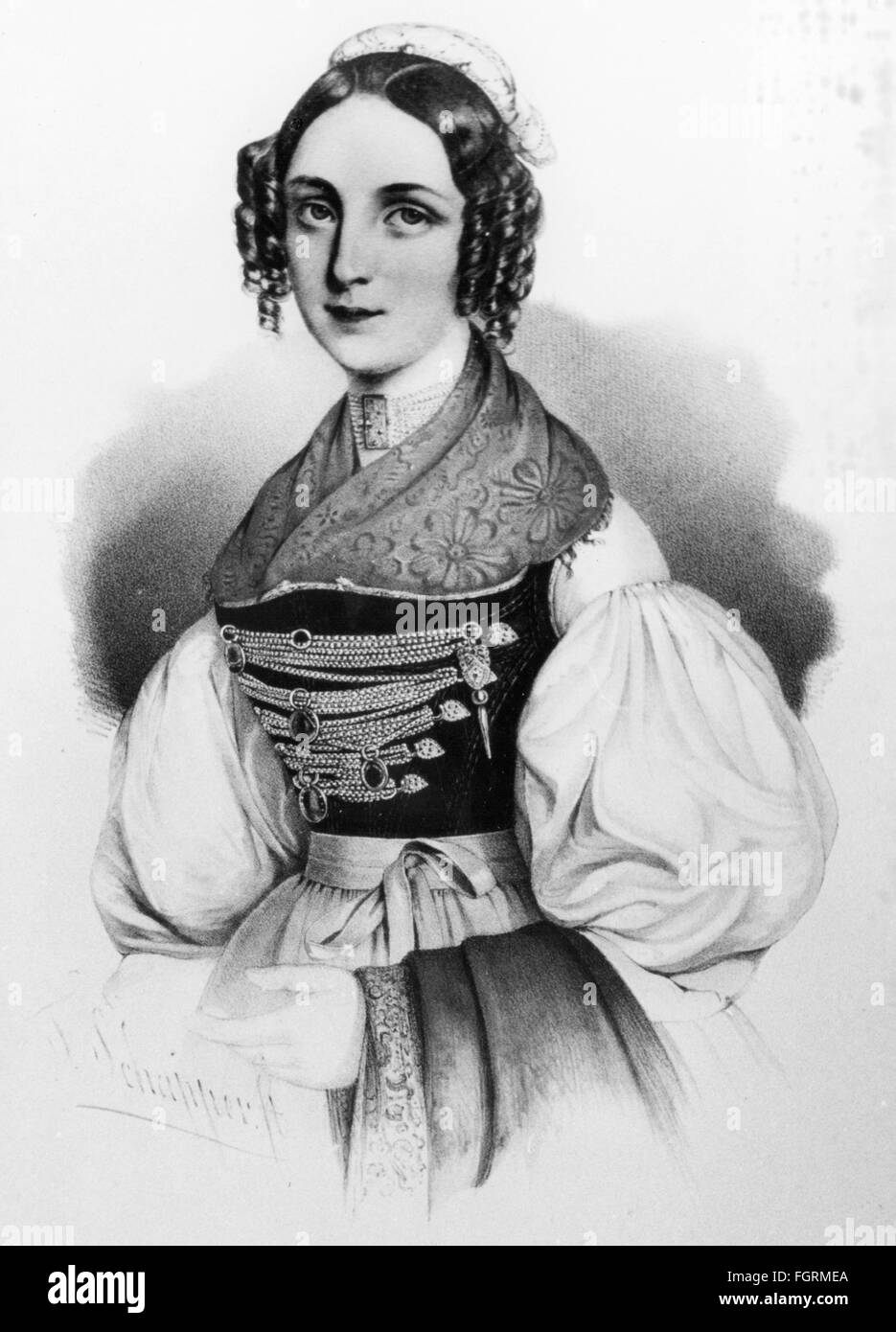 Mode, Tracht, Bayern, Frau in München Tracht, Lithographie von Friedrich Schapper (* 1810), 1835, Zusatz-Rechte-Clearenzen-nicht lieferbar Stockfoto