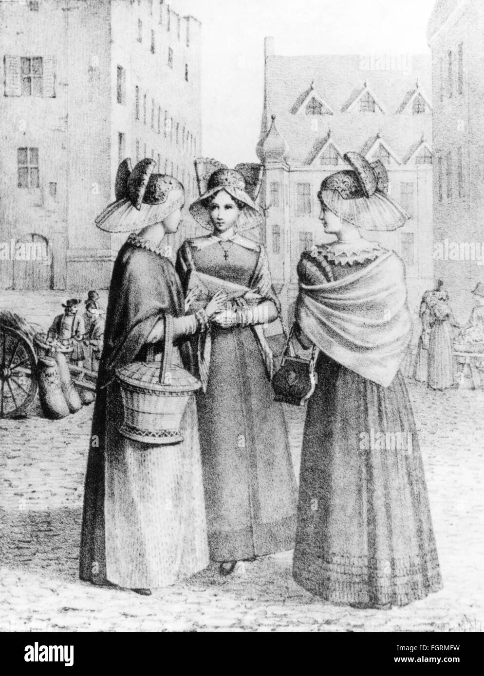Mode, Tracht, Bayern, Augsburger Frauen in traditionellen bürgerlichen Trachten, farbige Lithographie, um 1830, Zusatz-Rights-Clearences-not available Stockfoto