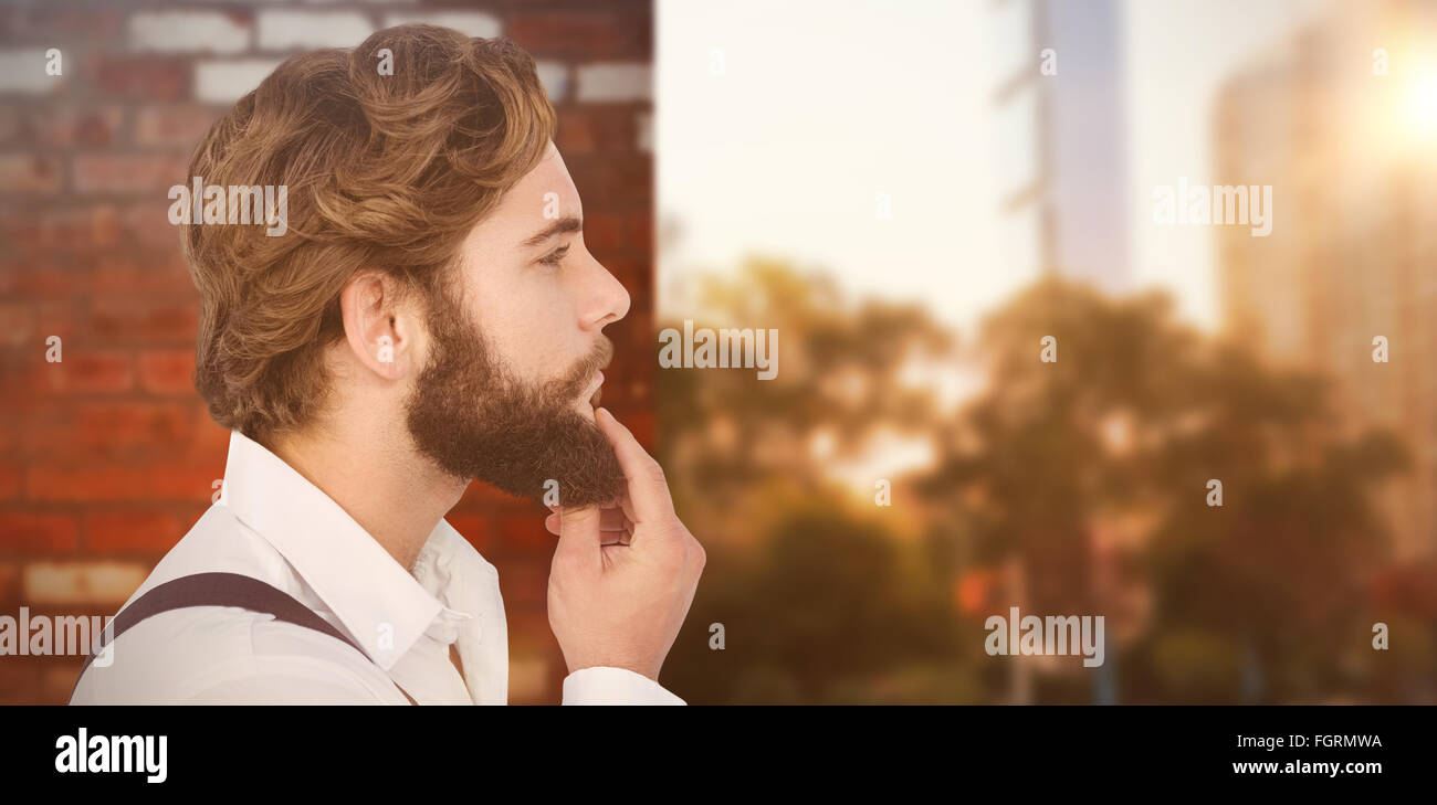 Zusammengesetztes Bild des Höhenplans berühren Bart Hipster Stockfoto