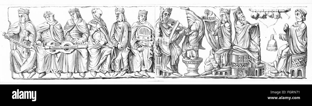 Musik, Konzerte, Konzert, Relief im Kapitelhaus der Abtei Saint Georges de Boscherville, Normandie, 11. Jahrhundert, Holzstich, 19. Jahrhundert, Norseman, Norman, Norse, Nordische, Normannen, Norses, Musiker, Musikinstrument, Musikinstrumente, Instrumente, aulos, Harfe, Harfen, Drehleier, rebec, Mittelalter, Frankreich, Kloster, Klöster, Romanik, Menschen, Gruppe, Gruppen, Konzert, Konzerte, Abtei, Abteien, historisch, historisch, Zusatzrechte-Clearences-nicht vorhanden Stockfoto