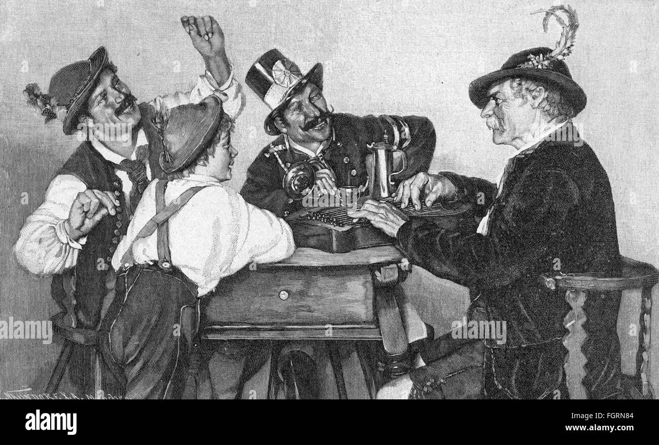 Musik, Musiker, Zitherspieler, Holzstich nach dem Gemälde 'Funny Brothers' von E. Müller, 1893, Zusatz-Rechte-Clearenzen-nicht vorhanden Stockfoto