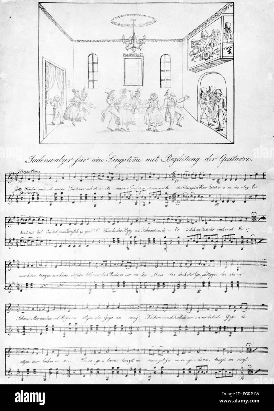 Musik, Noten, Judenwalzer für eine Stimme mit Gitarrenbegleitung, mit Lithographie von Lening-Weilheim, um 1820, Zusatz-Rechteklärung-nicht vorhanden Stockfoto