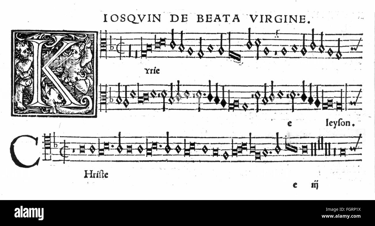 Musik, Notation, Kyrie eleison, aus 'missa de Beata Vergine' von Josquin des Prez, um 1510, zusätzliche-Rechte-Clearences-nicht verfügbar Stockfoto