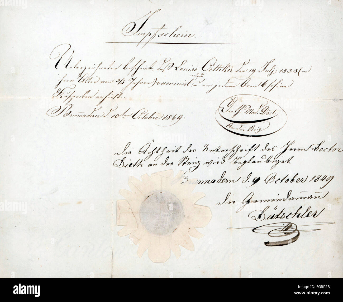 Medizin, Impfungen, Impfpass für Louise Oetiker, ausgestellt in Brunnadern, 10.10.1849, Additional-Rights-Clearences-not available Stockfoto