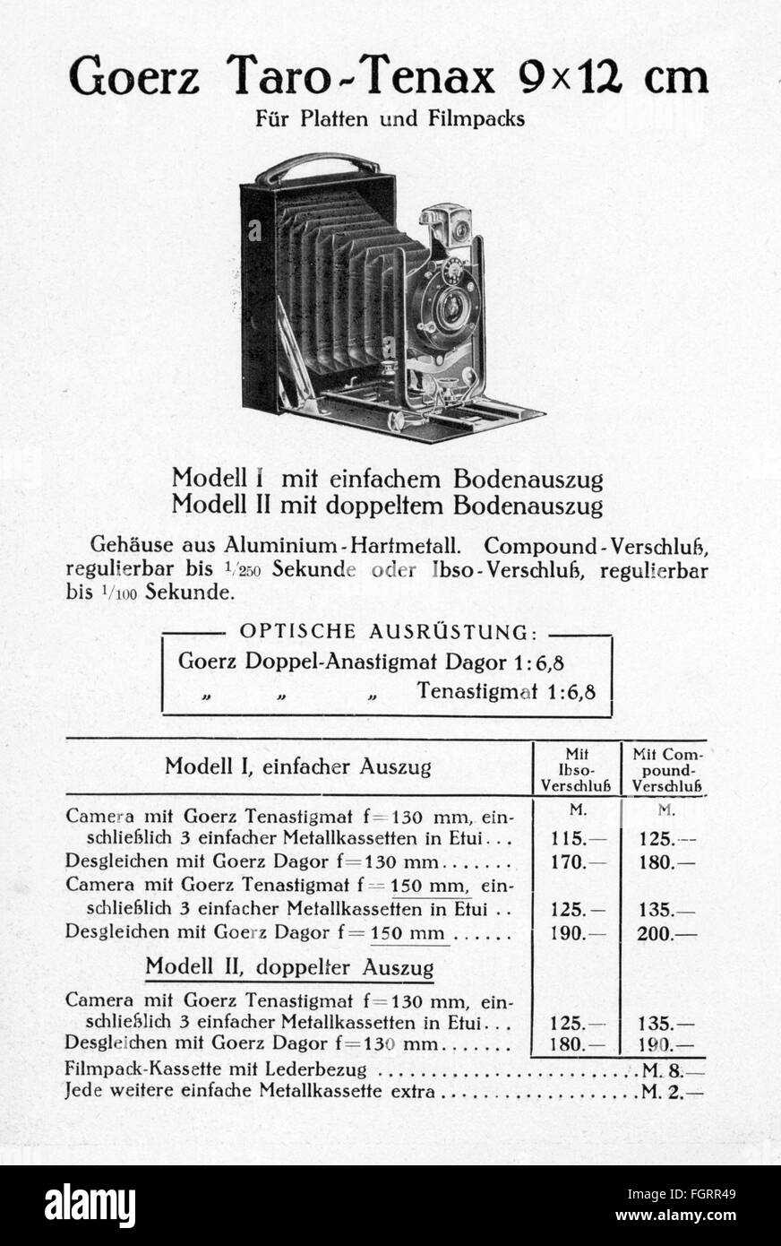 Werbung, Fotografie, Werbeprospekt für 'Goerz Tenax' Kameras, Berlin, Core, Modell 'Taro-Tenax 9 x 12 cm', 1912, zusätzliche-Rechte-Clearences-nicht verfügbar Stockfoto