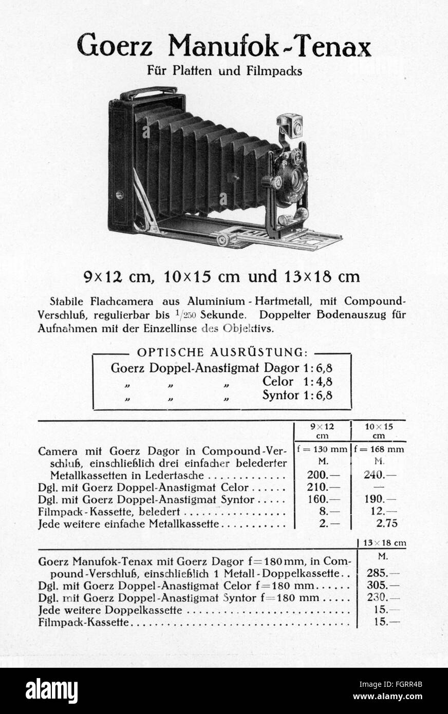 Werbung, Fotografie, Werbeprospekt für 'Goerz Tenax' Kameras, Berlin, Core, Modell 'Manufok-Tenax', 1912, zusätzliche-Rechte-Clearenzen-nicht verfügbar Stockfoto