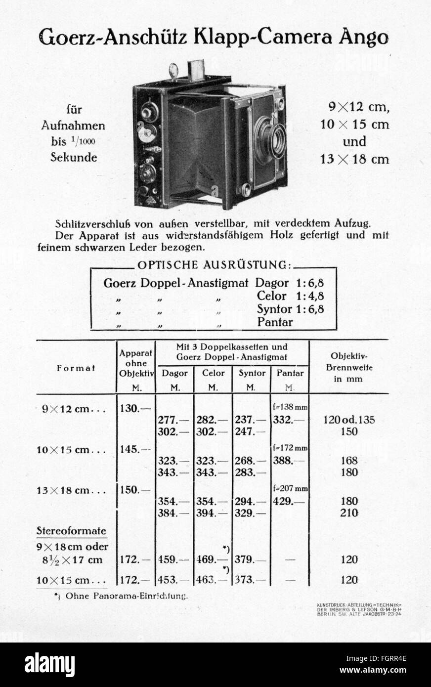 Werbung, Fotografie, Werbeprospekt für 'Goerz Tenax' Kameras, Berlin, Core, Modell 'Klapp-Camera Ango', 1912, Zusatz-Rechteklärung-nicht verfügbar Stockfoto