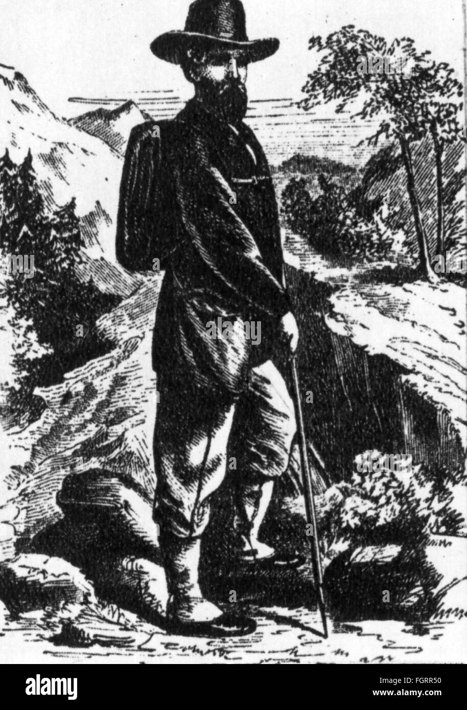 Fotografie, Fotograf, Fotograf mit Gepäck auf Exkursion, Holzstich, 1868, Zusatz-Rechte-Clearences-nicht vorhanden Stockfoto