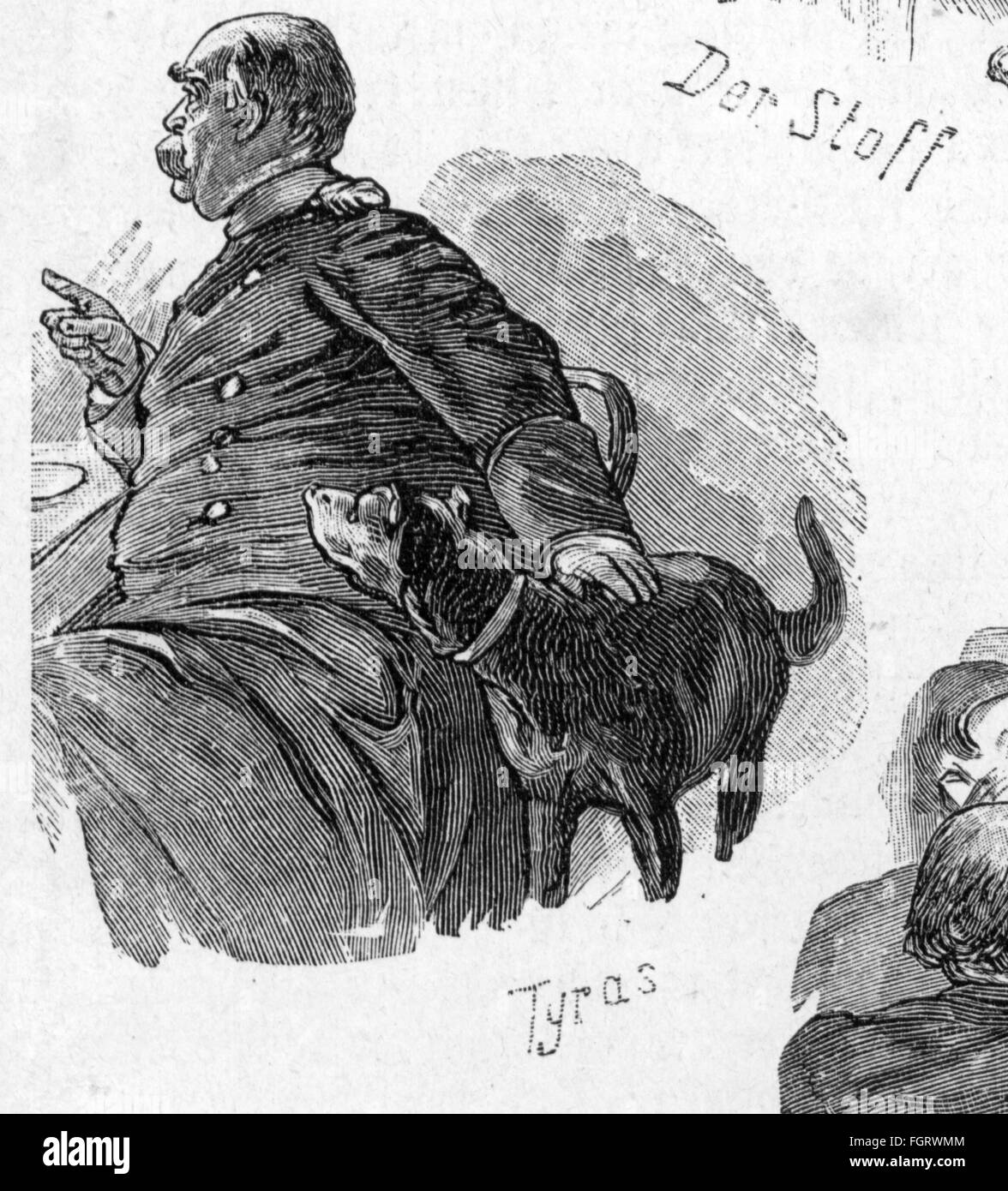 Festlichkeiten, Frühschoppen in der Reichskanzlei, Berlin, 20.6.1884, Reichskanzler Otto von Bismarck mit seinem Hund Tyras, Holzstich nach Zeichnung von E. Henseler, 'über Land und Meer', 1884, Zusatzrechte-Clearenzen-nicht vorhanden Stockfoto