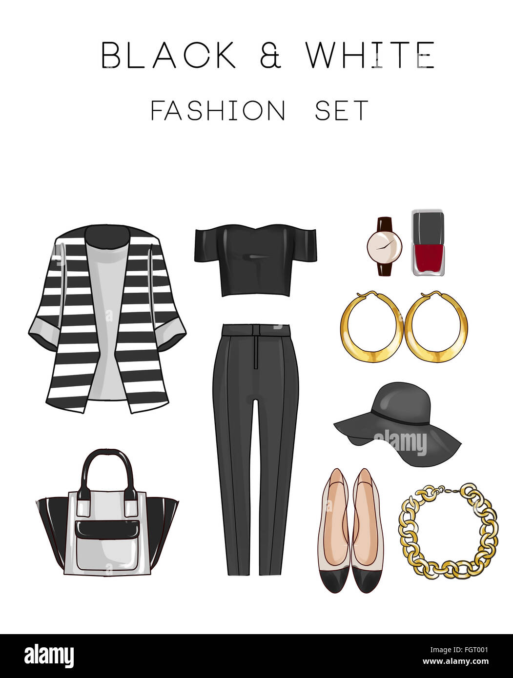 Mode-Set von Frau Kleidung und Accessoires - Black And White Outfit - Hose,  Top, flache Schuhe, Schmuck, Tasche Stockfotografie - Alamy