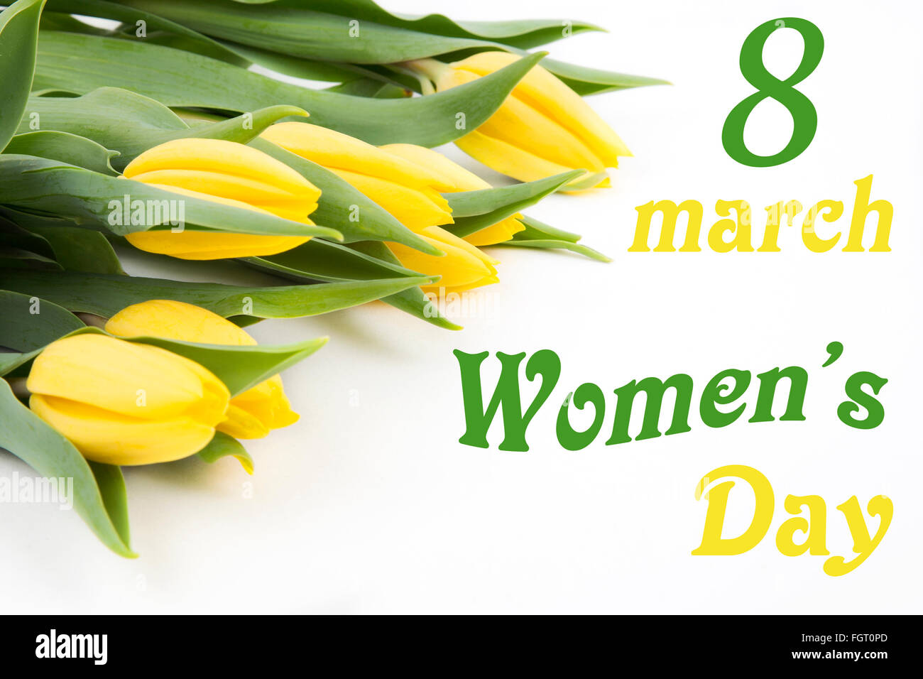 Happy Womens Day - gelbe Tulpen auf weißem Hintergrund Stockfoto