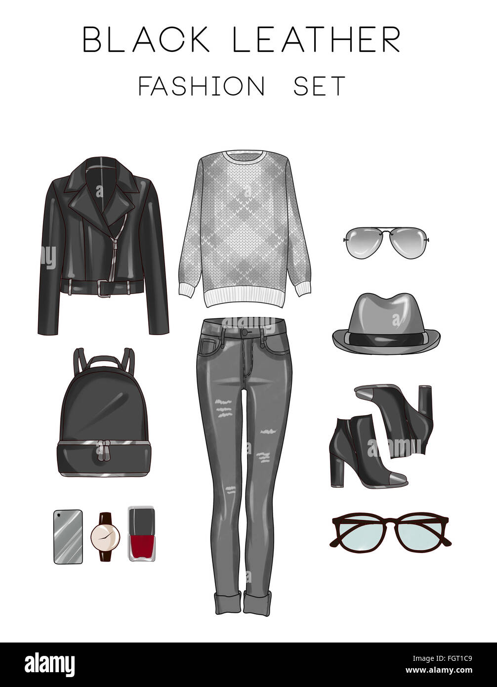 Mode-Satz von Frau Kleidung und Accessoires - schwarze Biker-Lederjacke, Jeans, Pullover, Sonnenbrillen, Schuhe, Tasche, Make-up, ha Stockfoto