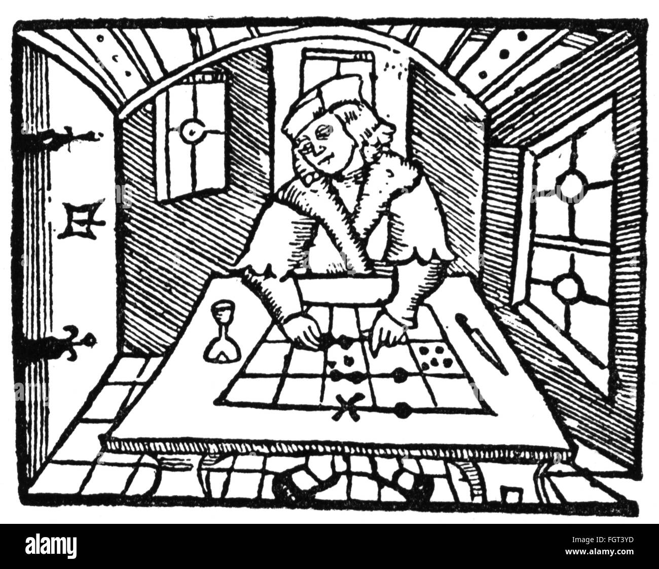 Geld / Finanzen, Rechenmaschine, Rechenscheibe, Holzschnitt, 'Rechnen auf Linien' (1518) von Adam Ries, Erfurt, 1530, Additional-Rights-Clearences-not available Stockfoto