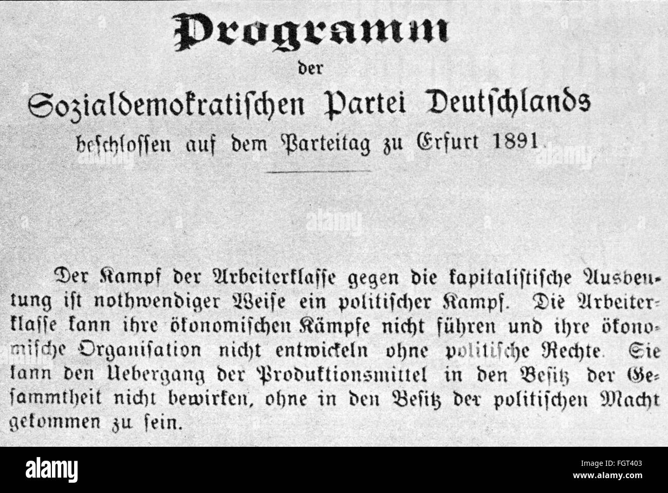 Politik, Parteien, Sozialdemokratische Partei Deutschlands (SPD), Programm, verabschiedet auf dem Parteitag in Erfurt, 1891, Zusatzrechte-Clearences-nicht vorhanden Stockfoto