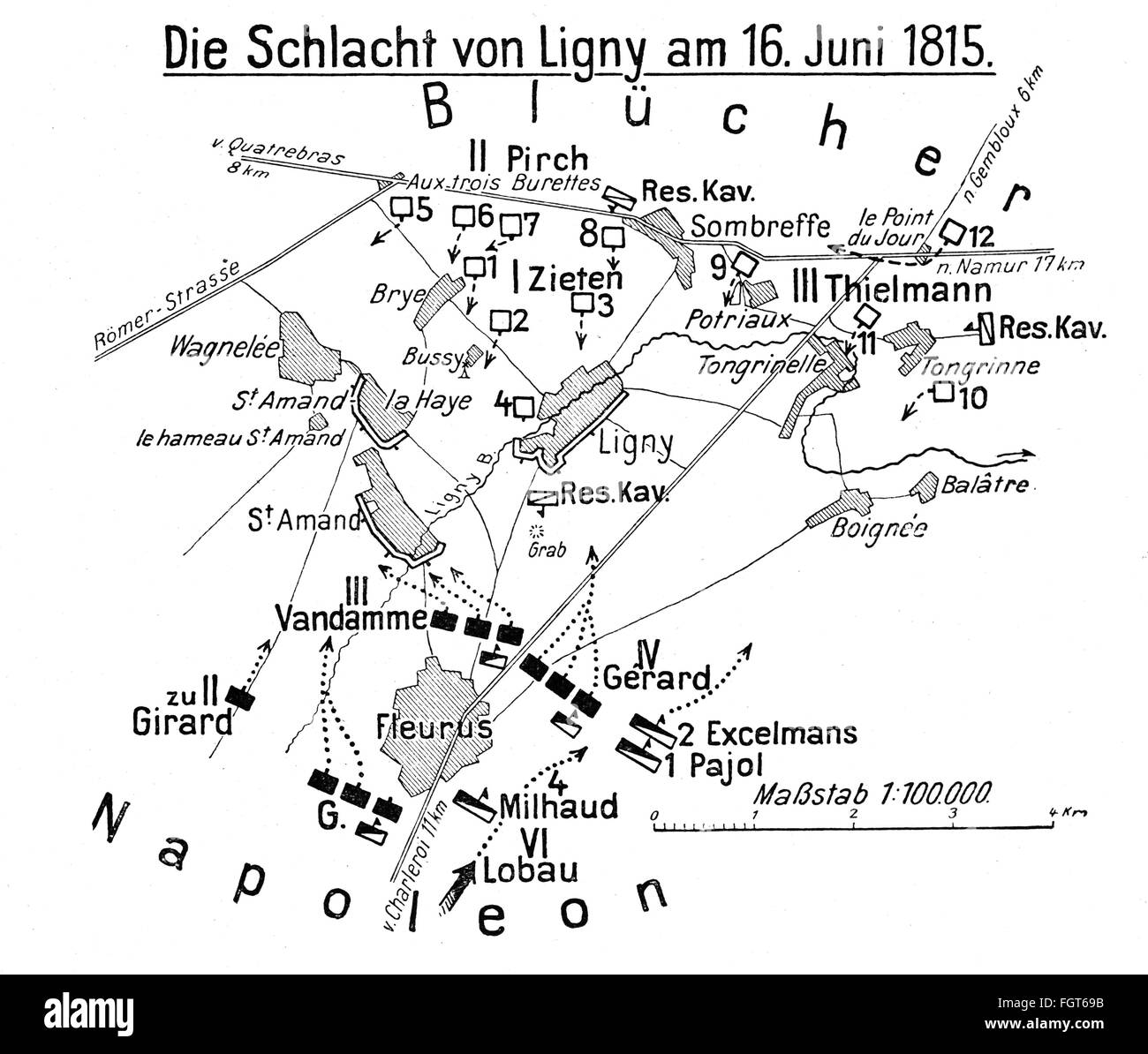 Krieg der 7. Koalition 1815, Schlacht von Ligny, 16.6.1815, Aktionsplan, Zeichnung, 1913, Zusatzrechte-Clearences-nicht vorhanden Stockfoto