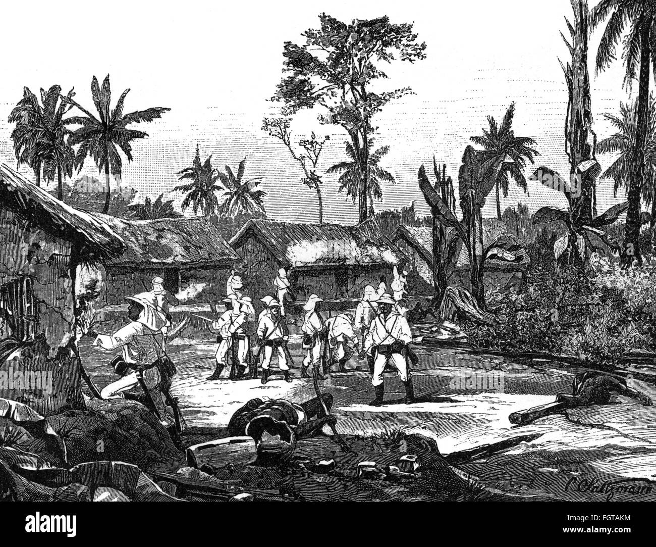 Kolonialismus, deutsche Kolonie Kamerun, Eroberung, Landeplatz der deutschen Reichsmarine, die Josstown zerstört, 20.12.1884, Holzstich, 'Spamers Illustrierte Weltgeschichte', 1898, Additional-Rights-Clearences-not available Stockfoto