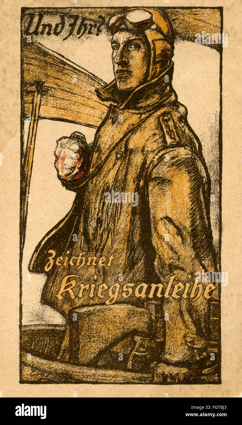 Erster Weltkrieg / 1. Weltkrieg, Deutschland, 1. Weltkrieg, Postkarte mit dem Auftrag, Kriegsdarlehen zusammen mit einer Zeichnung eines Piloten der Luftwaffe zu kaufen. Die Zeichnung wurde von Fritz Erler ( 1868-1940 ) angefertigt., Zusatz-Rechte-Clearences-nicht verfügbar Stockfoto