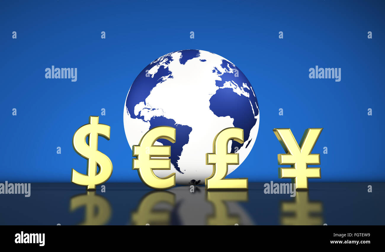 Internationale Weltwirtschaft mit Währungen Symbole und eine Kugel mit der Welt Karte Abbildung für Währung tauschen Unternehmen. Stockfoto