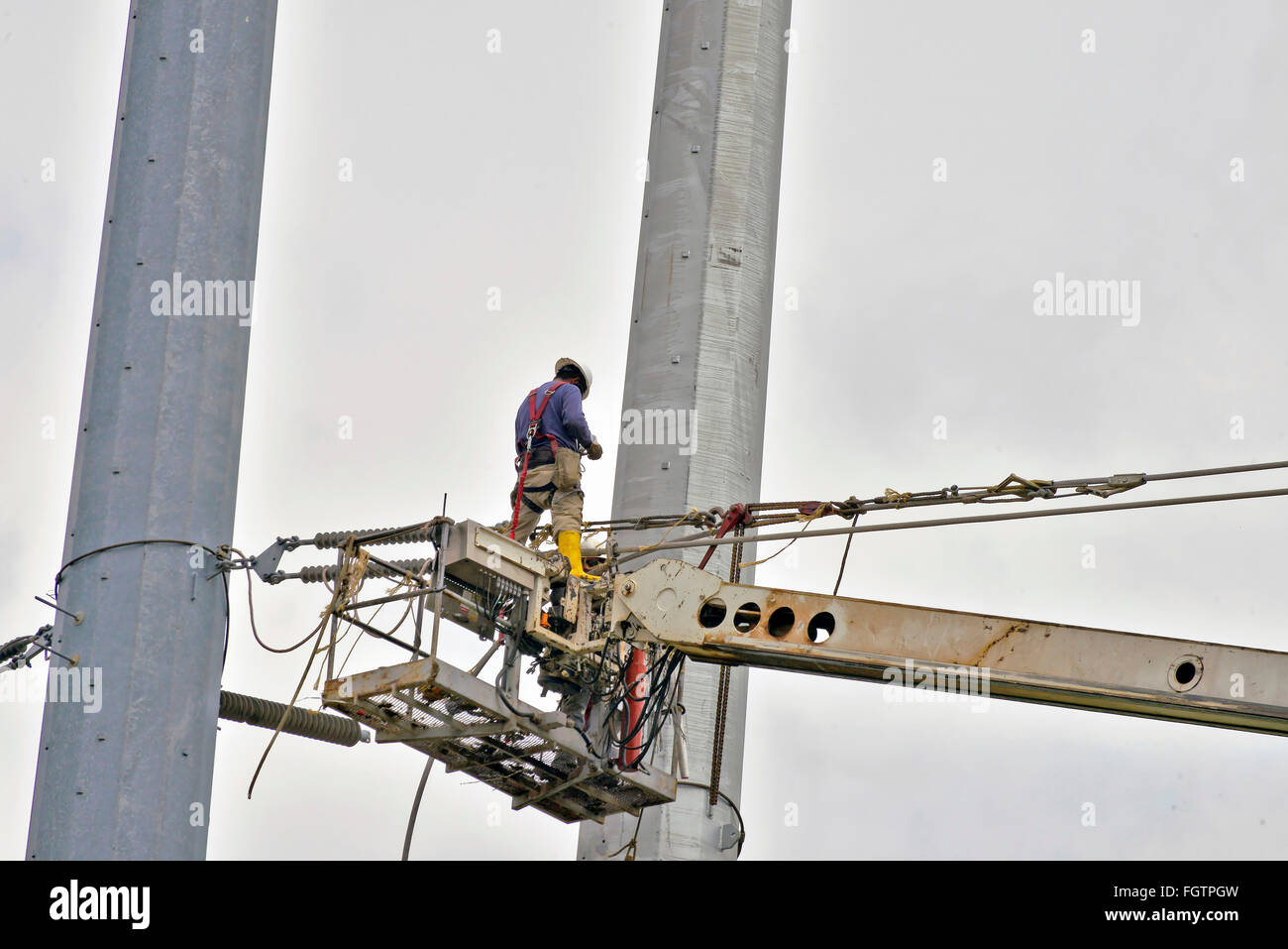 Hohen elektrischen Arbeiter auf einem Power-tower Stockfoto