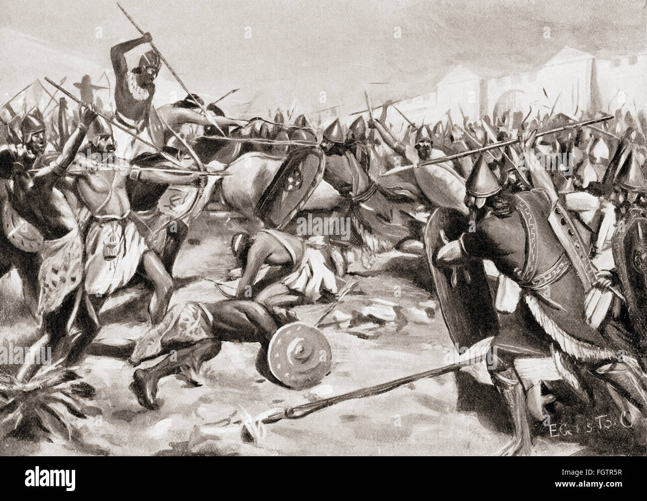 Die Schlacht von Karkemisch, ca. 605 v. Chr. zwischen den alliierten Armeen von Ägypten und Assyrien gegen die Armeen von Babylonien, Meder, Perser und Skythen. Stockfoto