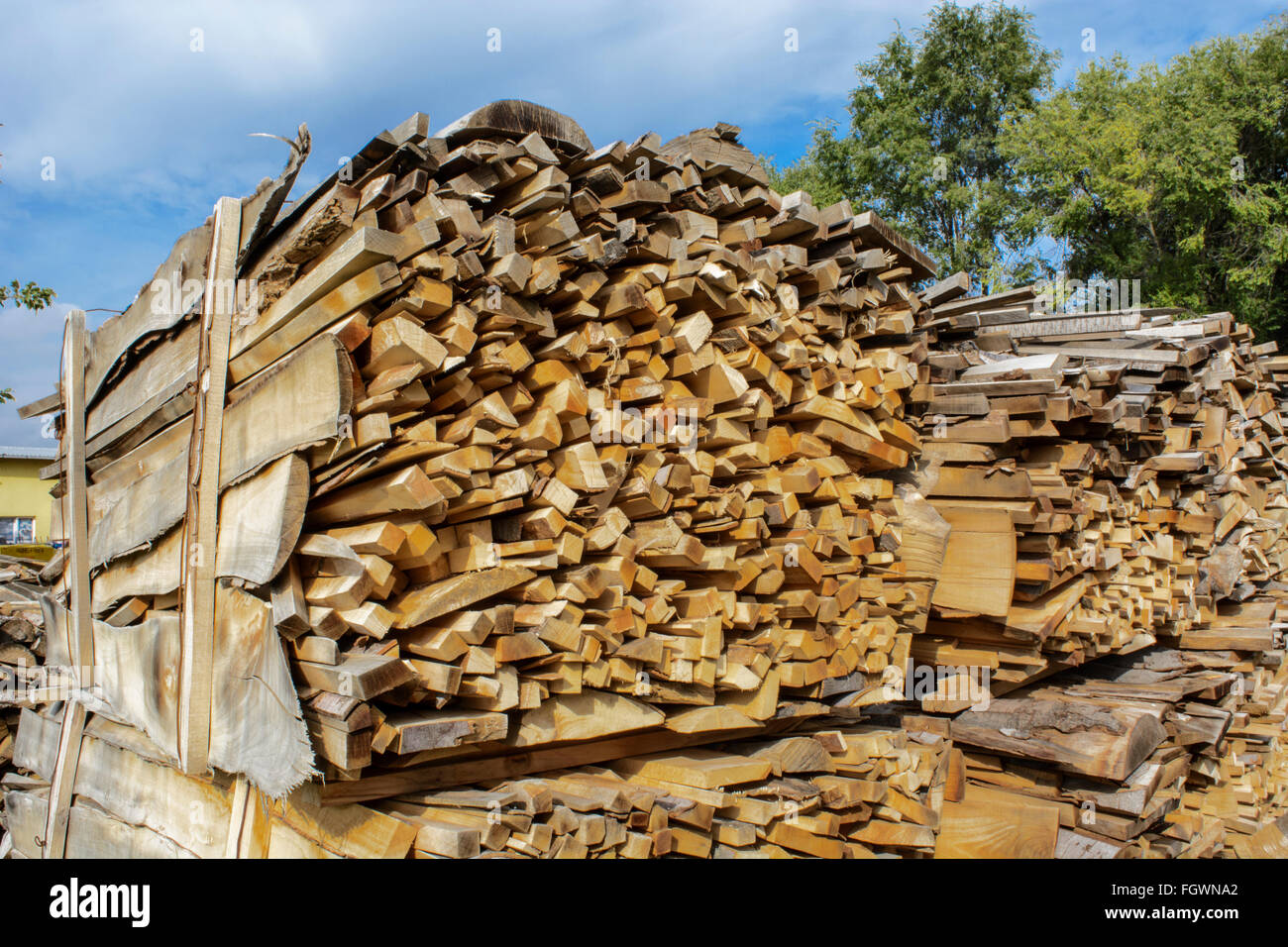 Holzschnitt auf dem Betriebshof des Protokolls und zum Verkauf bereit. Stockfoto