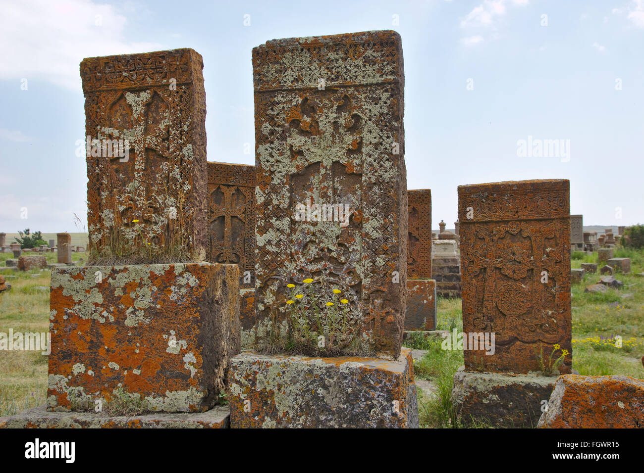 Khatchkars auf dem Friedhof von Noratus, Armenien Stockfoto